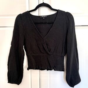 Black Long Sleeve Faux Wrap Top